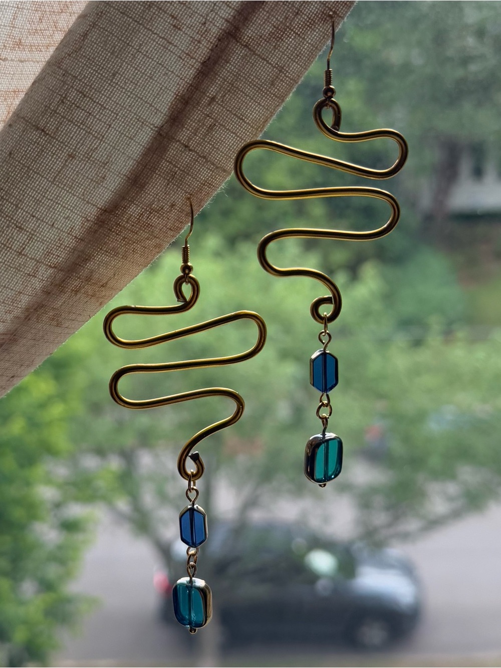 Gold Swirl Drop Earrings with Blue Teal Beads